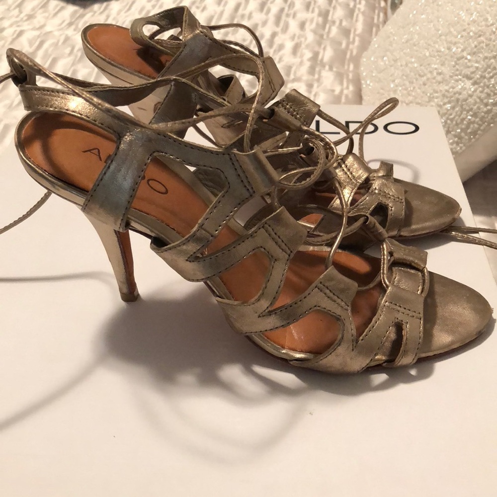 Gold metallic strappy gladiator stiletto sandals